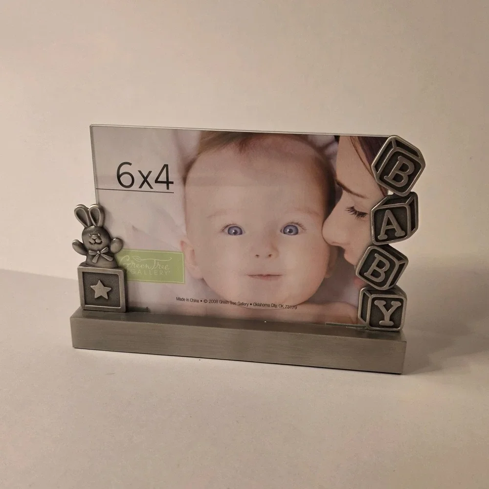 Green Tree Gallery Baby Picture Frame 6x4 Pewter Bunny Blocks Metal Base 2008